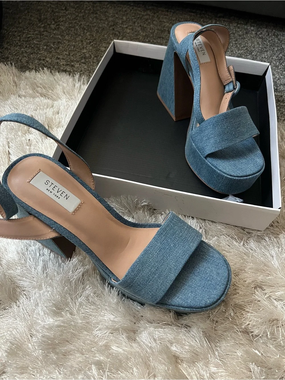 STEVEN by Steve Madden Light Blue Denim Platform Block Heel Sandals
